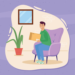 man with box in livingroom