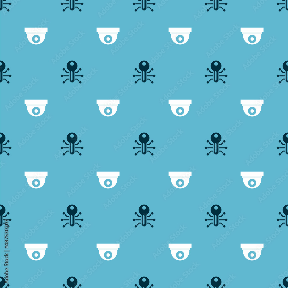 Poster Set Smart key and Security camera on seamless pattern. Vector