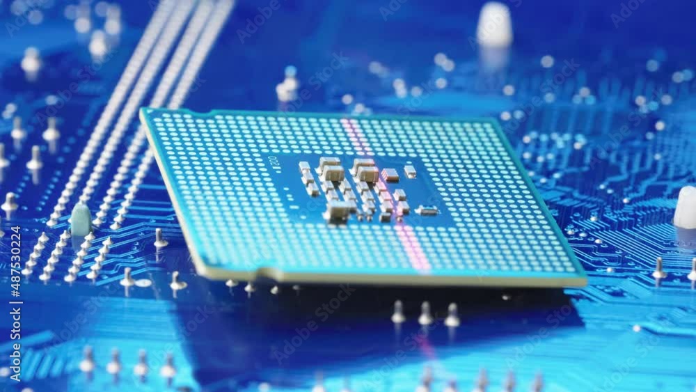 Poster red light scanning microchip lying on printed circuit board for analysis, blue background