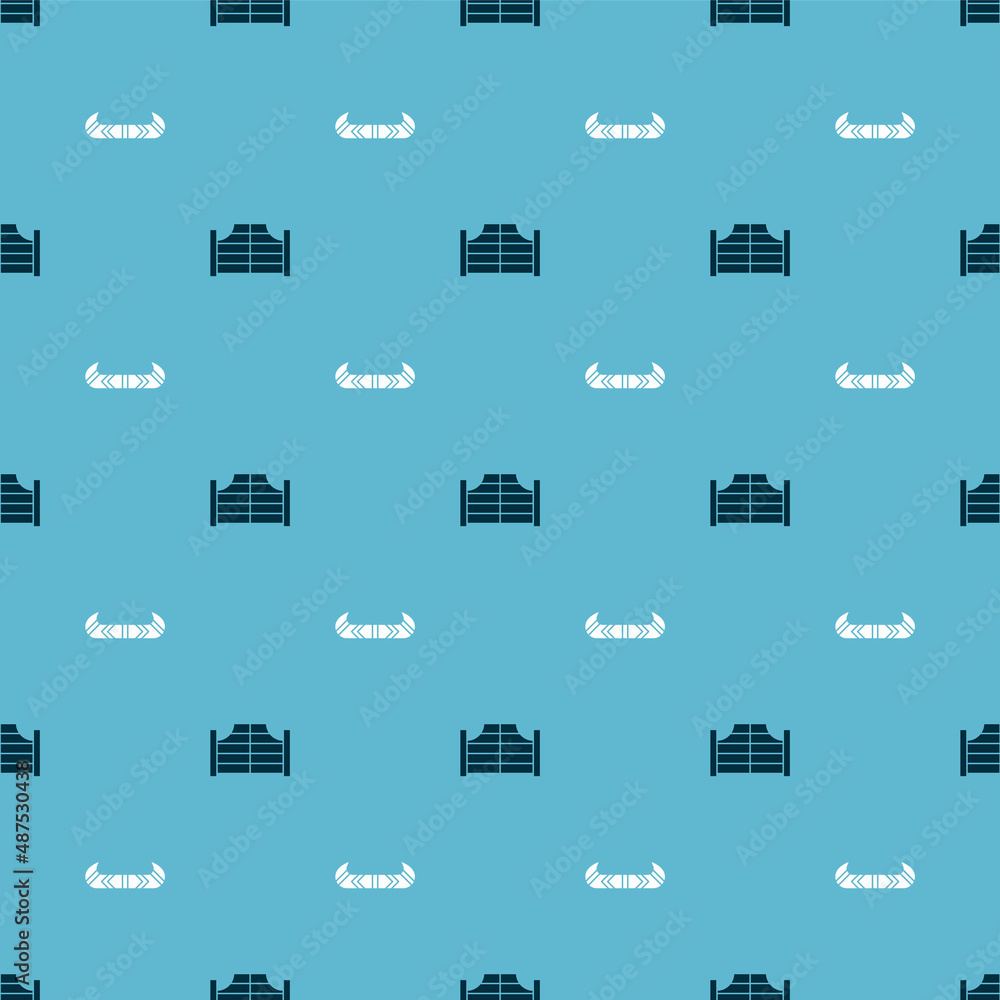 Poster set saloon door and kayak canoe and paddle on seamless pattern. vector