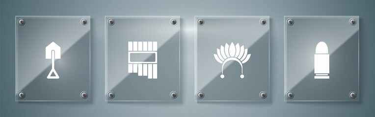 Set Bullet, Indian headdress with feathers, Pan flute and Shovel. Square glass panels. Vector