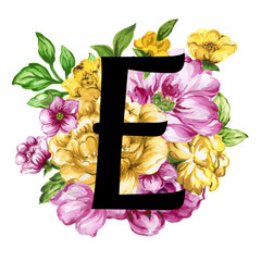 Floral ornate letters flowers pink, yellow vintage font and flower ornaments alphabet. Royal ornate abc, flourishes decor elegant letter or antique alphabet Uppercase illustration