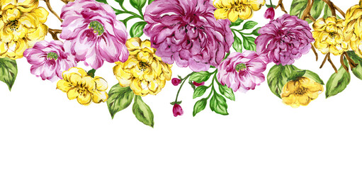 Spring blossoming wild flowers , peonies and rose background, pink and yellow and soft floral branch horizontal banner