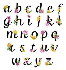 Obraz premium Floral ornate letters flowers pink, yellow vintage font and flower ornaments alphabet. Royal ornate abc, flourishes decor elegant letter or antique alphabet lowercase illustration