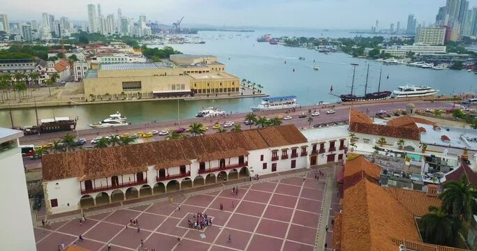 Aerial shot of Aduana square in Cartagena, Colombia.