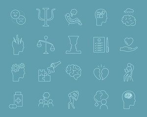 Psychotherapy and psychology line icon set. Simple thin outline pictogram collection. Mental health elements. Anxiety, group therapy, mood disorder, depression. Editable stroke vector illustration