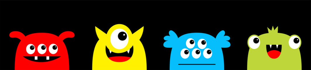 Happy Halloween. Monster icon line set. Kawaii cute cartoon baby character. Funny face head colorful silhouette. Eyes teeth fang horn tongue. Flat design. Black background.