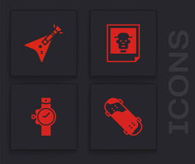 Set Skateboard trick, Electric bass guitar, Photo and Wrist watch icon. Vector