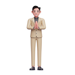 Positive Young Businessman greeting with Namaste gesture, 3D render businessman character illustration