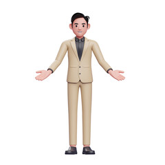 welcome gesture businessman smiling friendly and open hand welcoming, 3D render businessman character illustration