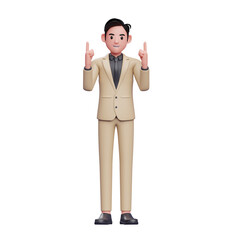 Businessman pointing up with two hand, doing number one gesture, 3D render businessman character illustration