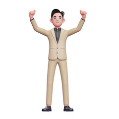 very excited young Businessman celebrating victory with raised hands, 3D render businessman character illustration