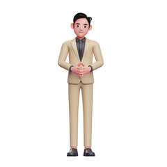 Young handsome businessman with hand gesture steeple, 3D render businessman character illustration