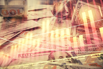 Multi exposure of forex chart drawing over us dollars bill background. Concept of financial success markets.