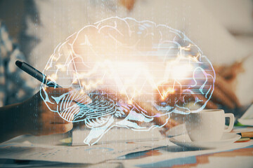 Double exposure of brain drawing over people taking notes background. Concept of Ai