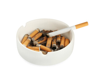 Ceramic ashtray with cigarette stubs isolated on white