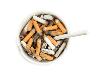 Ceramic ashtray full of cigarette stubs isolated on white, top view