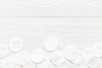 Cotton pads top view. Cosmetic makeup remover supplies