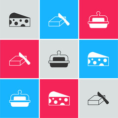 Set Cheese, Butter in a butter dish and icon. Vector