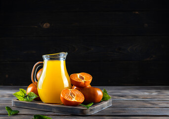 Transparent jug with tangerine juice on a wooden tray. Halves of tangerines and mint leaves on the green plane. Wooden background. Space for text