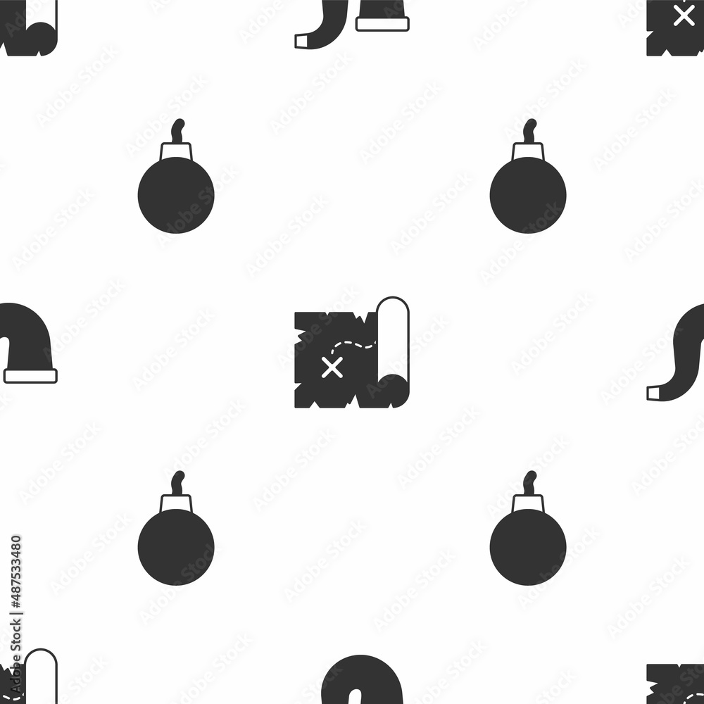 Poster set smoking pipe, pirate treasure map and bomb ready to explode on seamless pattern. vector