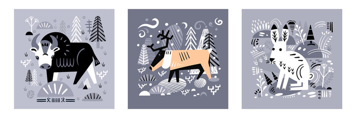 Set cute decorative pictures with animals and forest elements. Scandinavian handmade patterns. Vector illustration.
