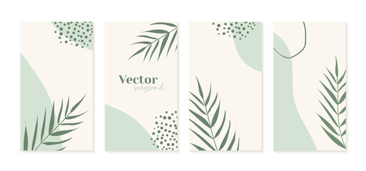Minimal instagram stories templates in green colors. Abstract organic shapes floral background. Social media template