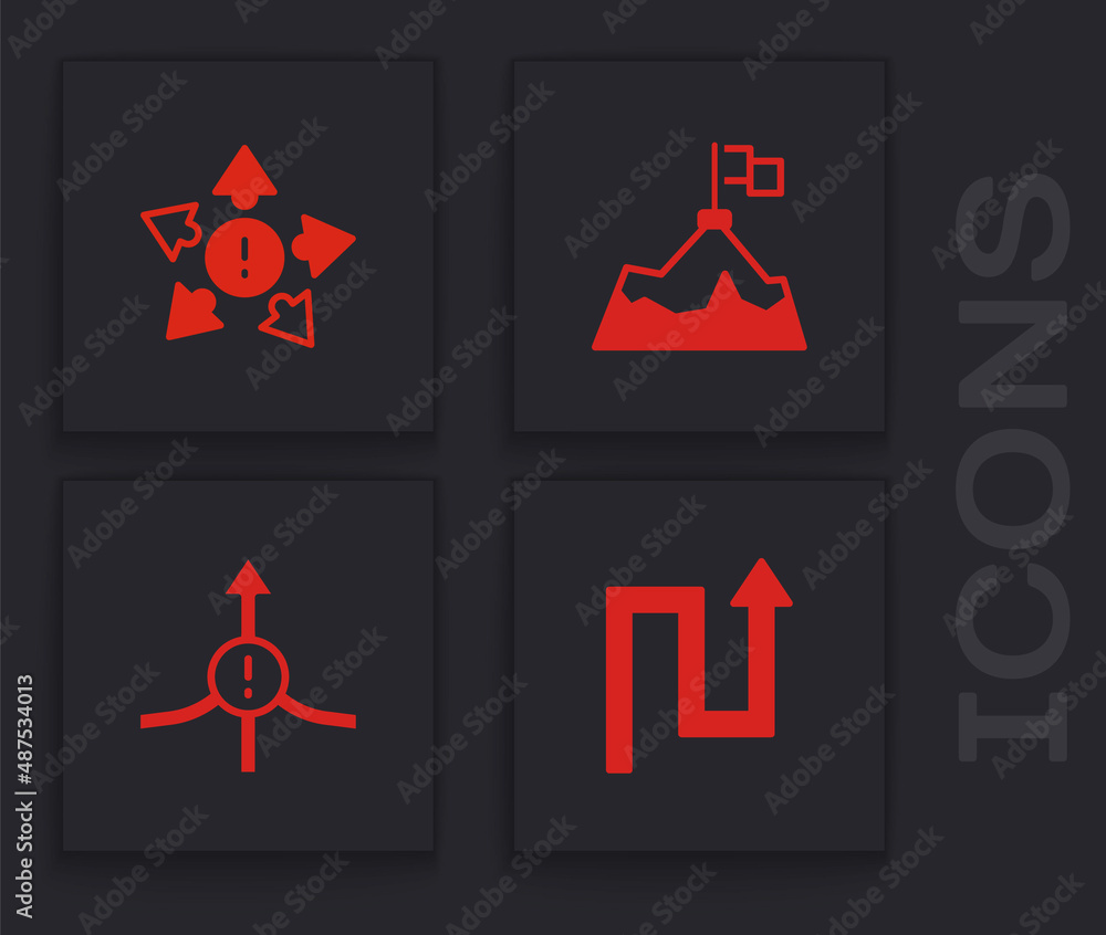 Poster set arrow, many ways directional arrow, mountains with flag and icon. vector
