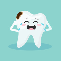 Crying white tooth with caries in flat style