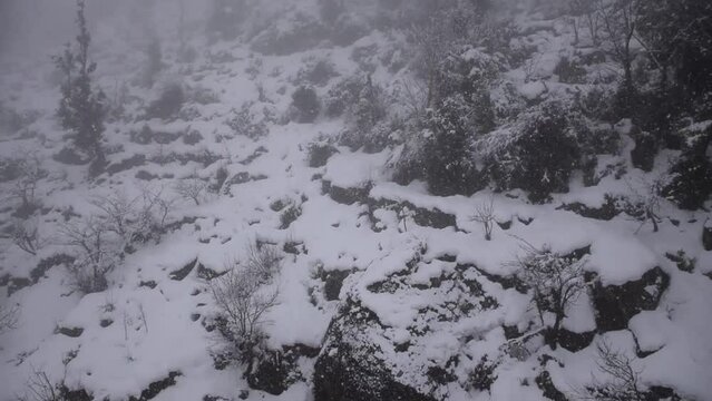 drone shot of mountains covered in snow