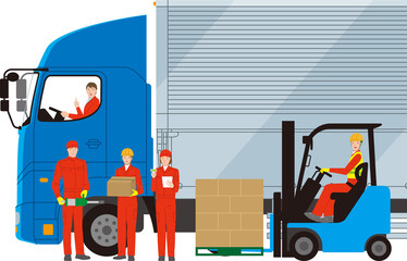 大型トラックとドライバーと整備士と検査員とフォークリフトの物流イメージ