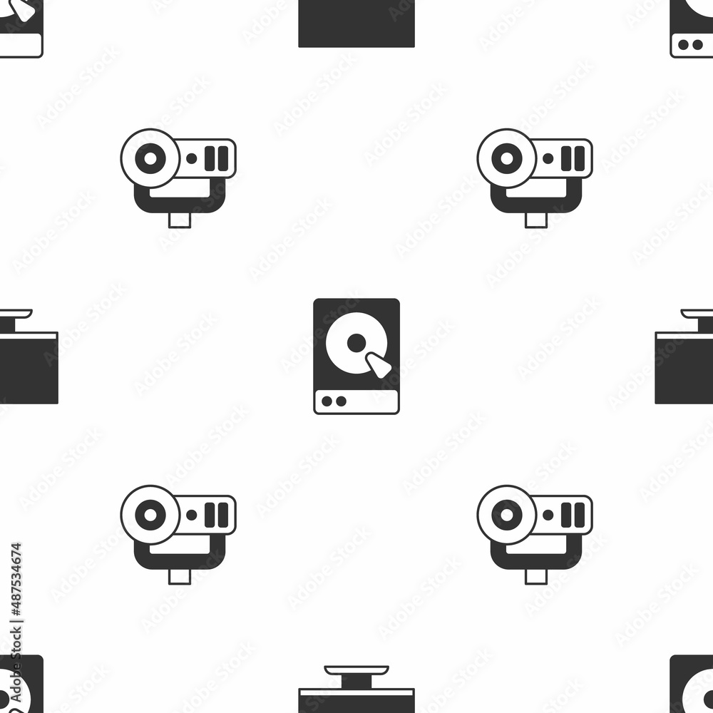Poster set computer monitor screen, hard disk drive hdd and web camera on seamless pattern. vector