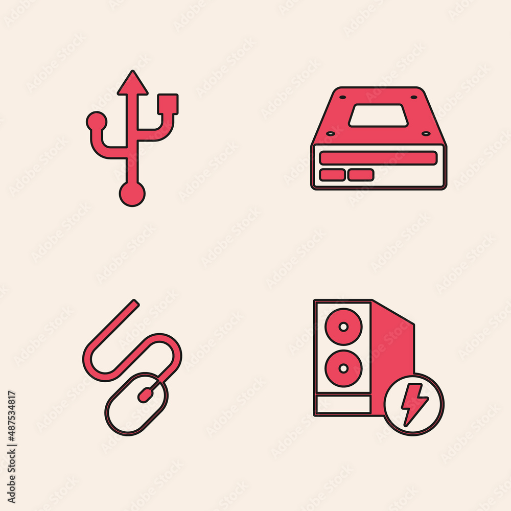 Poster set case of computer, usb, optical disc drive and computer mouse icon. vector