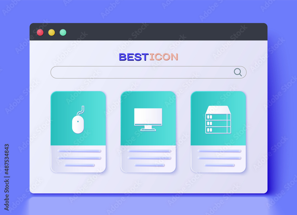 Poster set computer monitor screen, mouse and server, data, web hosting icon. vector