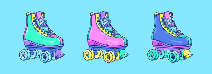Roller skates illustration. Retro roller skates. 90s fashion. Disco style. 90s style vector. 1990s trendy illustration. Nostalgia for the 90s. - 487534800