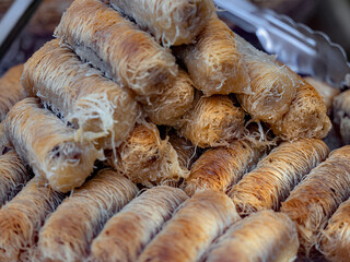 Tray of Greek Kataifi pastries at a Food Market