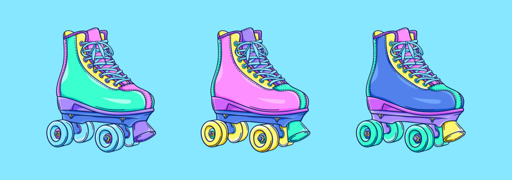 Roller skates illustration. Retro roller skates. 90s fashion. Disco style. 90s style vector. 1990s trendy illustration. Nostalgia for the 90s.