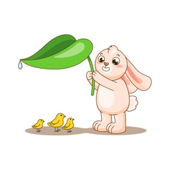 Cute pink rabbit hold a leaf to protect little birds. Vector illustration for design, kids poster, print. Funny comic carttoon bunny care about others.