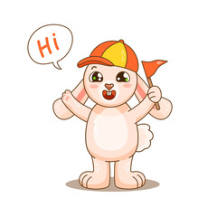 Smiley pink rabbit say hi and hold red flag and wear cap. Vector illustration for design, kids poster, print. Funny comic carttoon bunny guide.