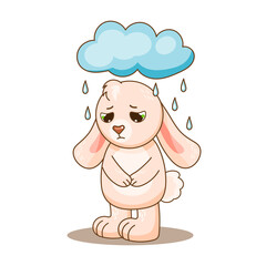 Sad pink rabbit under rainy cloud and watch down. Vector illustration for design, kids poster, print. Funny comic carttoon bunny with emotions.