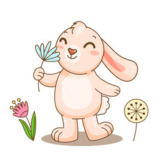 Adorable pink rabbit sniff flower and love spring. Vector illustration for design, kids poster, print. Funny positive comic carttoon bunny smell flowers.