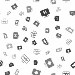 Set Location hospital, First aid kit, Ultrasound and Monitor with cardiogram on seamless pattern. Vector