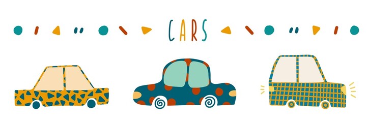 Set with hand drawn cars and abstract dots in cute childish style. Perfect for cards, poster, nursery decoration.