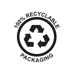 Recyclable packaging product label icon in black flat glyph, filled style isolated on white background