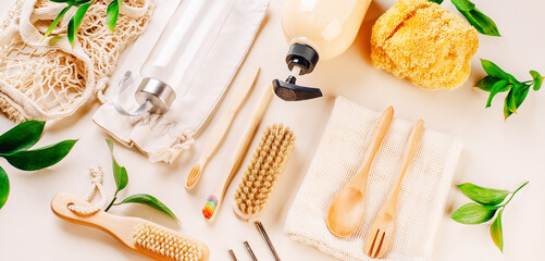 Plastic-free concept.Items for hygiene and face and body care made of eco-friendly materials.Personal care products made from natural materials.Flat lay of personal care zero waste supplies.