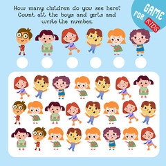 How many children do you see here. Count the boys and girls and write the numbers. Game for children. Math worksheet for kids. Vector color illustration.