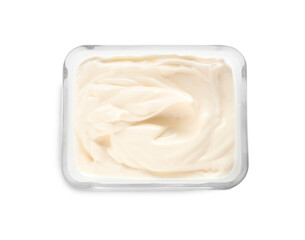 Mayonnaise in glass bowl isolated on white, top view