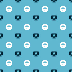 Set Location with cardboard box and Delivery package umbrella on seamless pattern. Vector