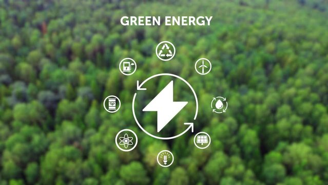 Ecology, recycling, natural environment and green energy icons flat concept 2d animation on a background of green forest. Suitable for a website, application or movie. Ecological and earth protection