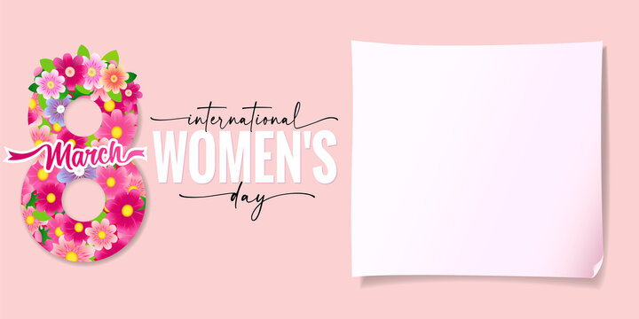 International Women's Day March 8 with flowers and paper note. Happy womens day elegant vector lettering on pink background